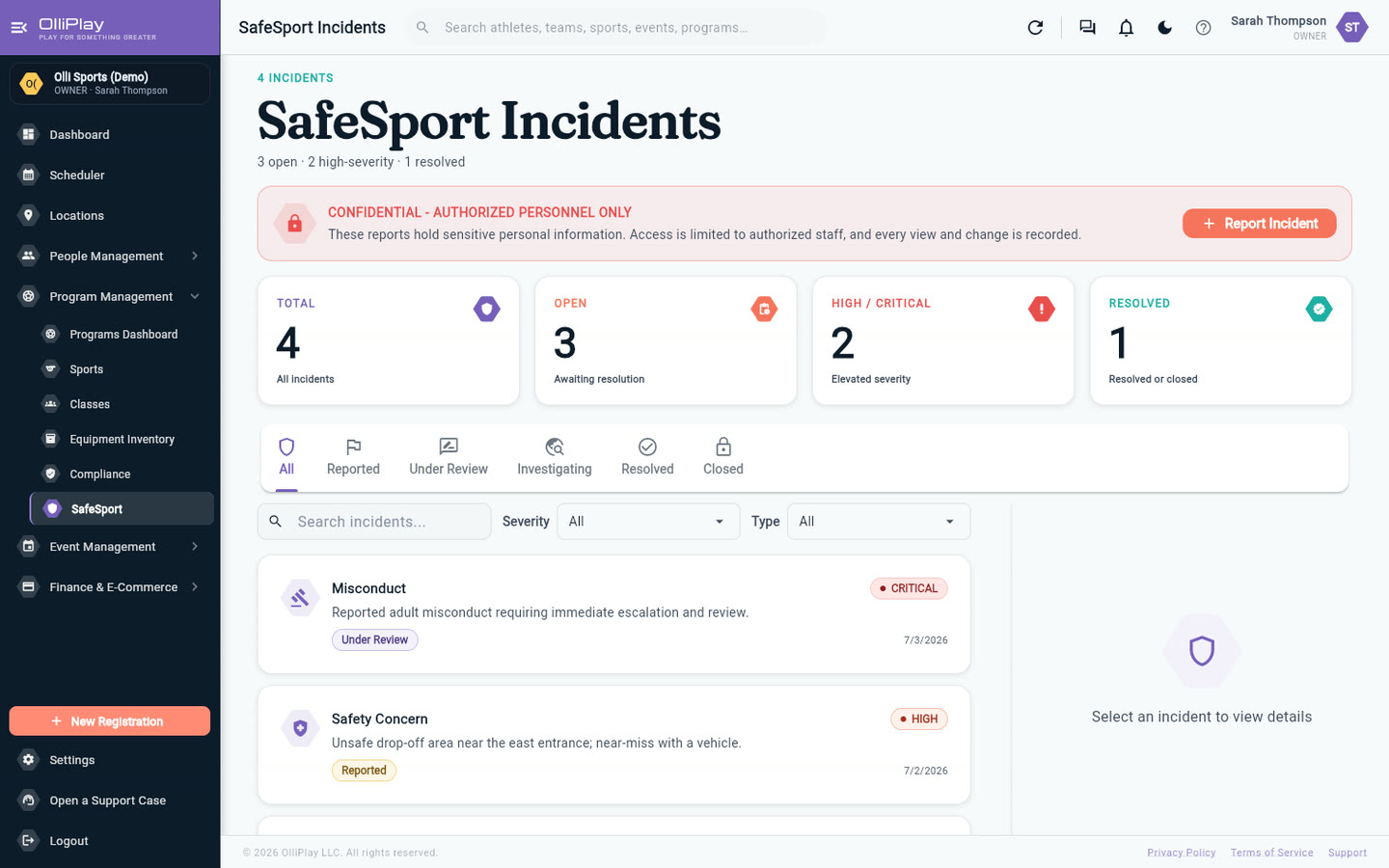 OlliPlay compliance and SafeSport screen