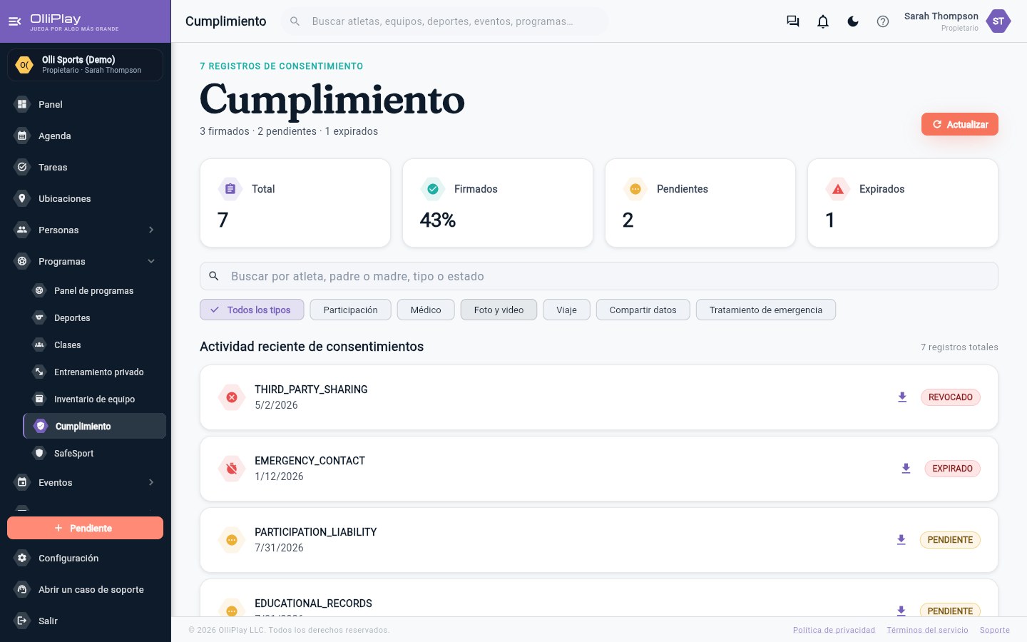 OlliPlay compliance and SafeSport screen