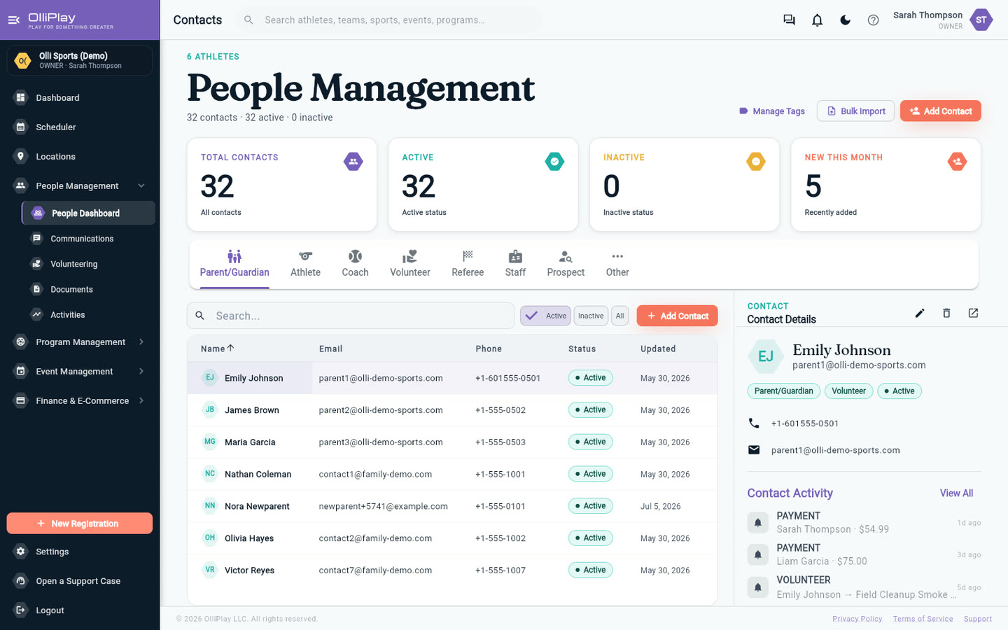 OlliPlay CRM contact management screen