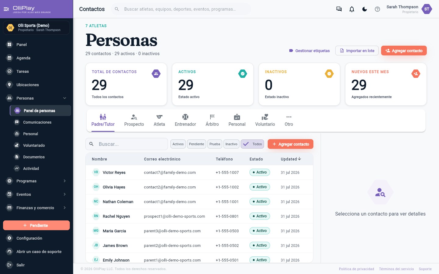 OlliPlay CRM contact management screen