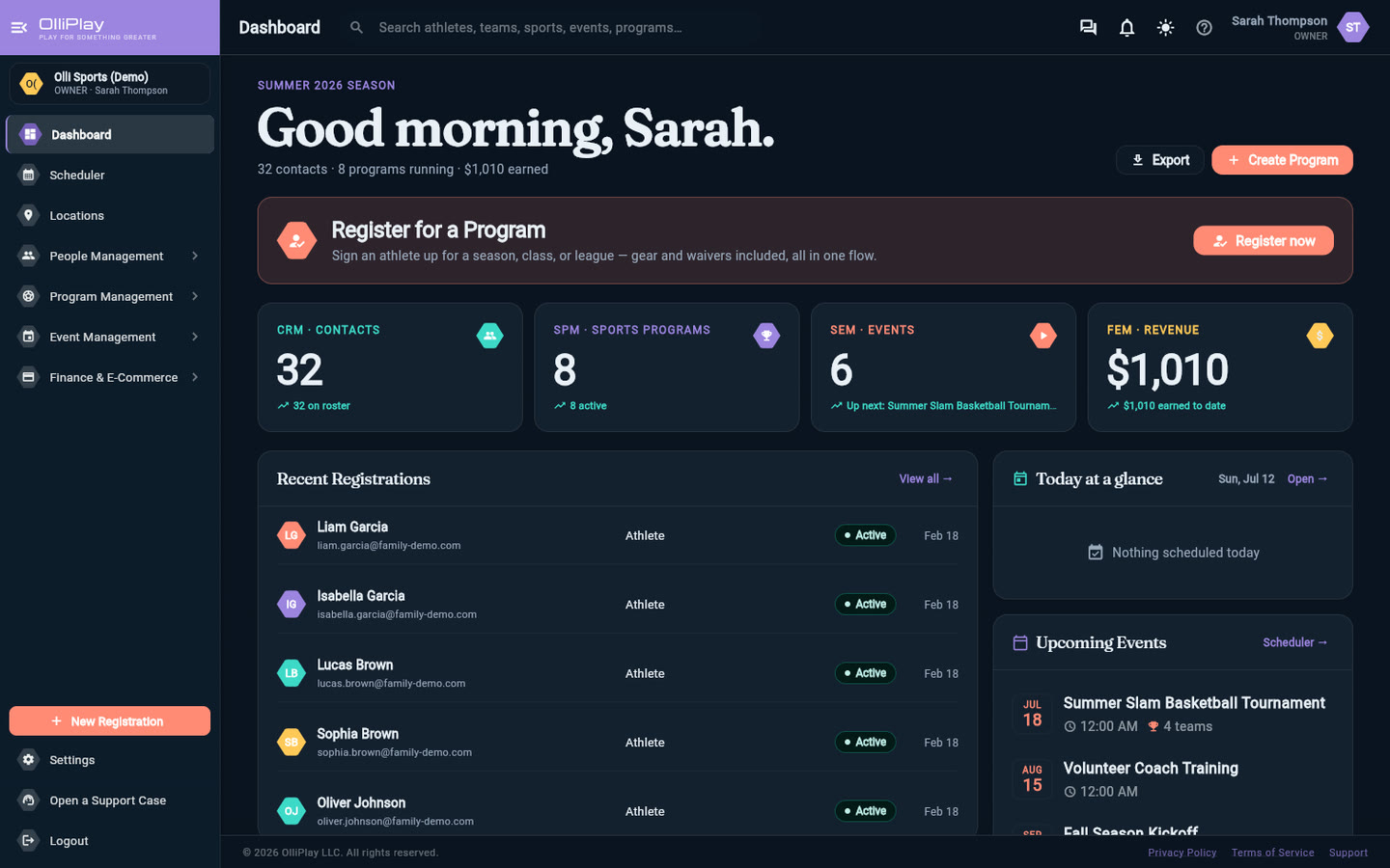 The same OlliPlay dashboard in dark mode