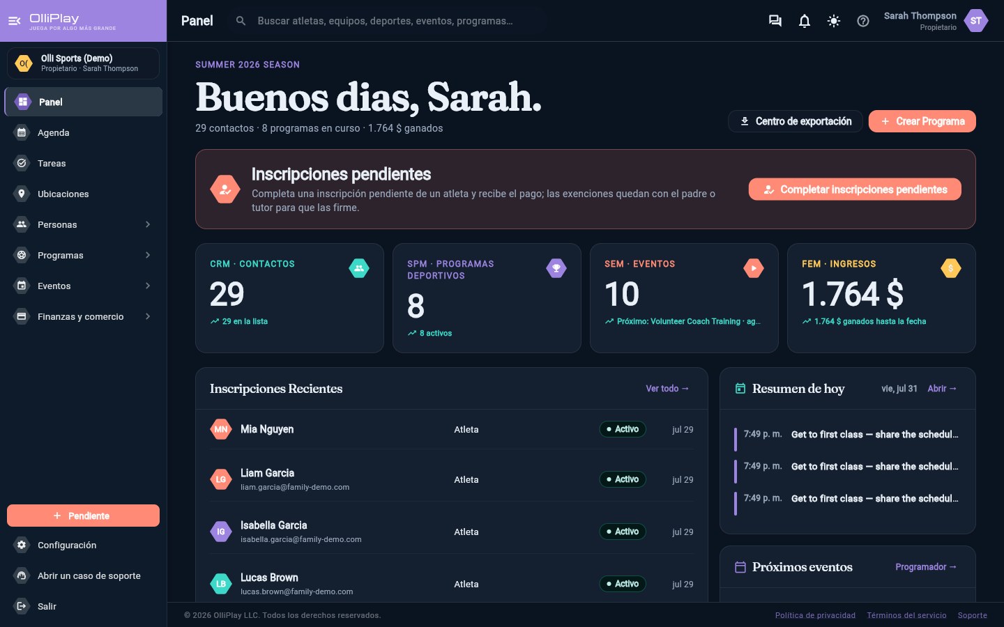 The same OlliPlay dashboard in dark mode