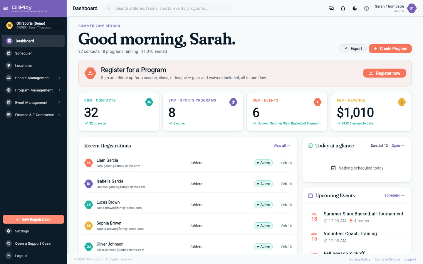 OlliPlay dashboard showing contacts, programs, events and revenue