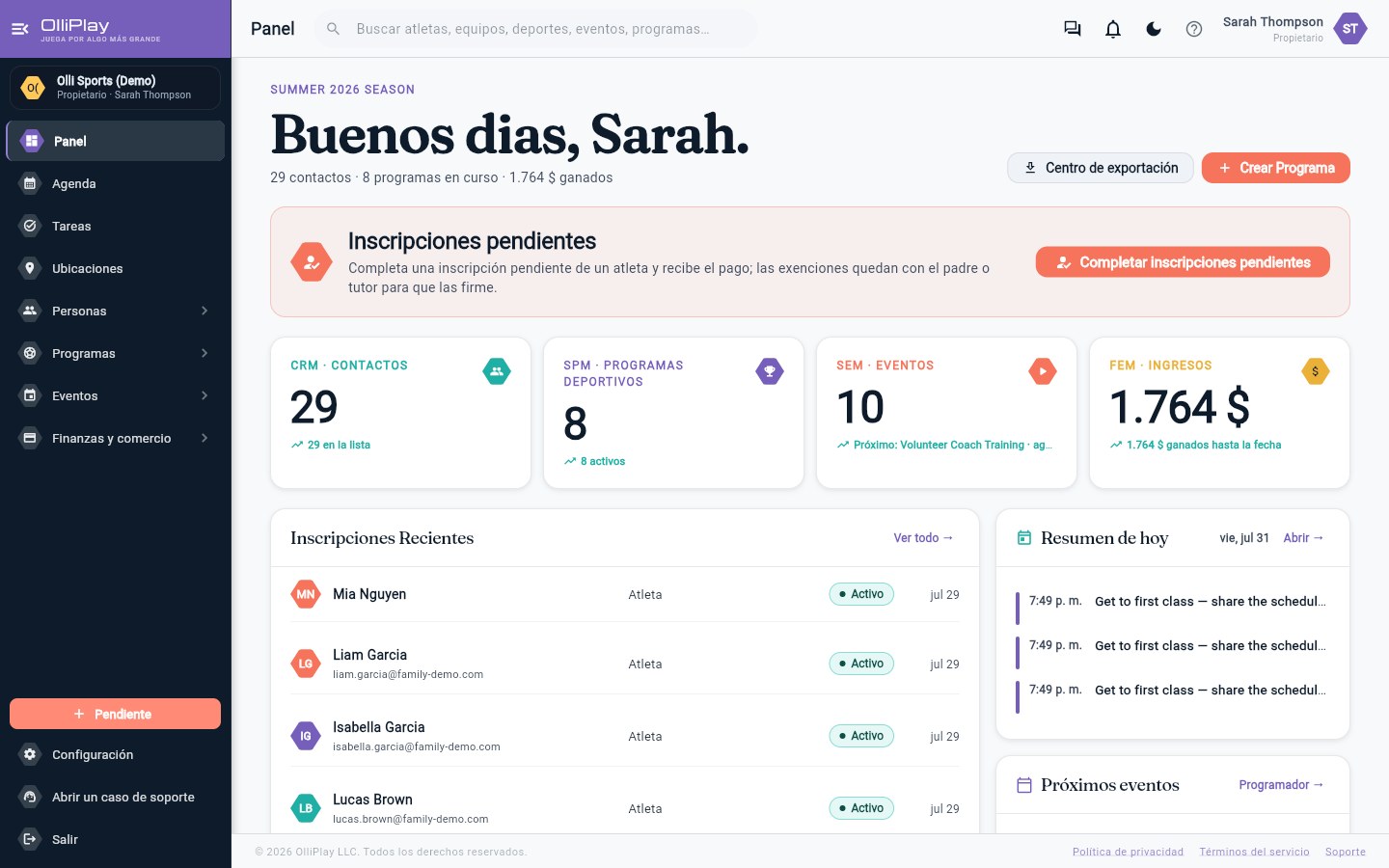 OlliPlay dashboard showing contacts, programs, events and revenue