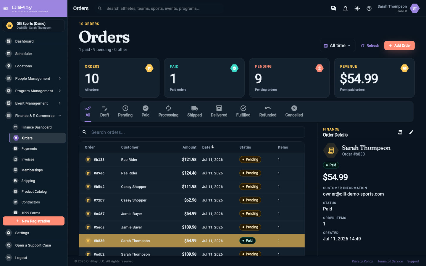 OlliPlay orders and payments screen