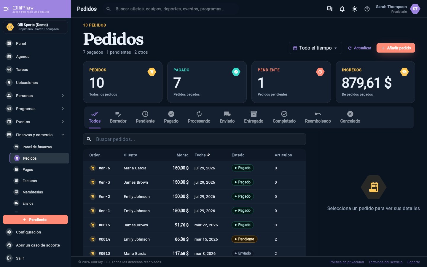 OlliPlay orders and payments screen