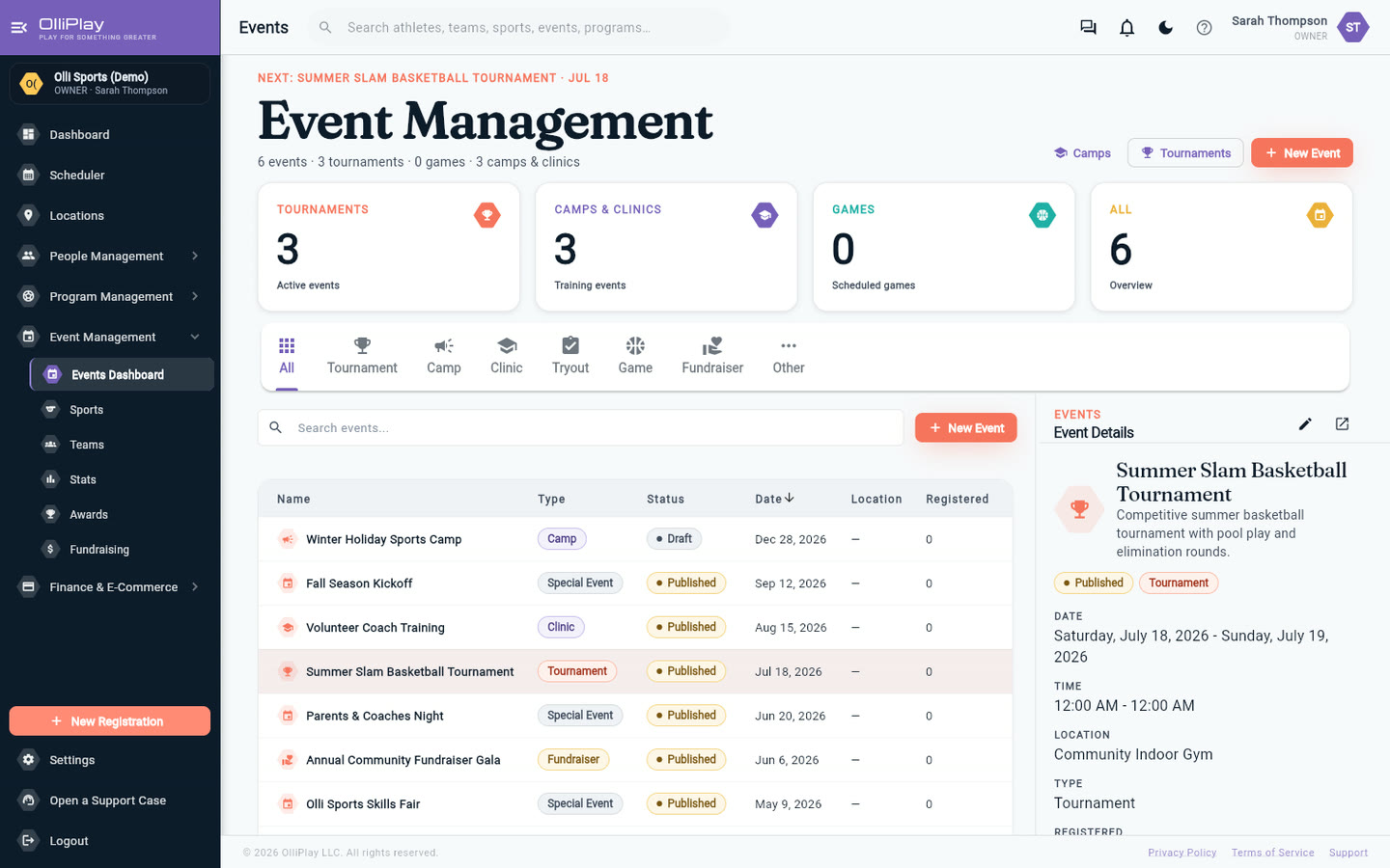 OlliPlay events and scheduling screen