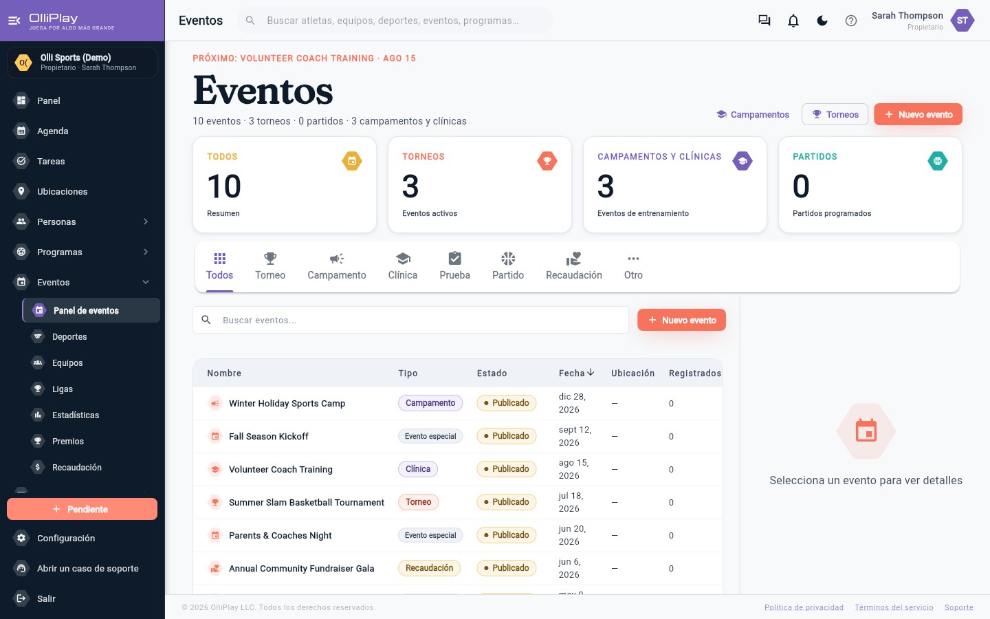 OlliPlay events and scheduling screen