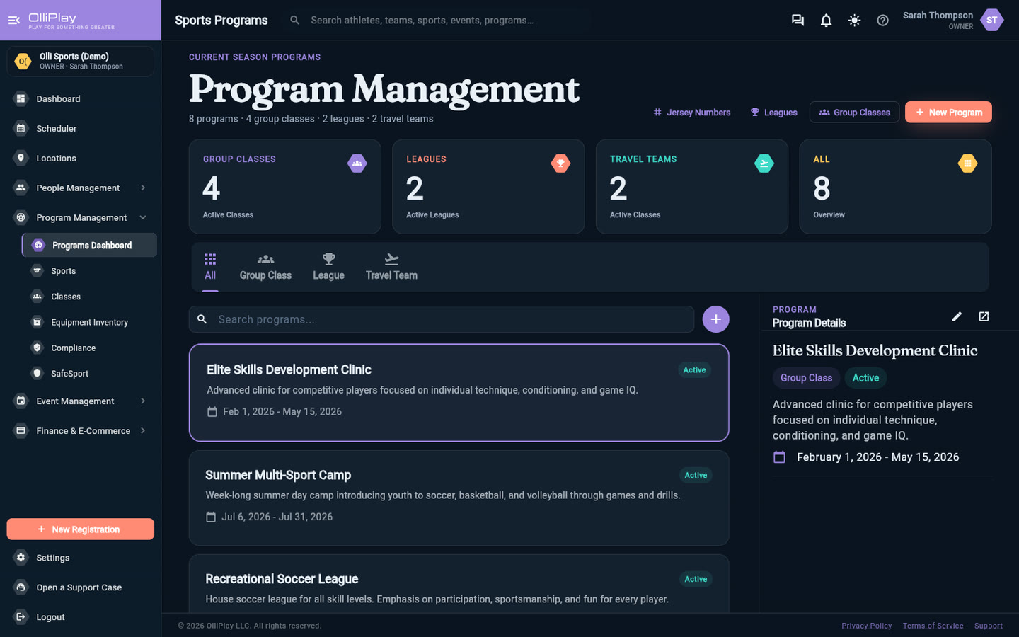 OlliPlay program management screen